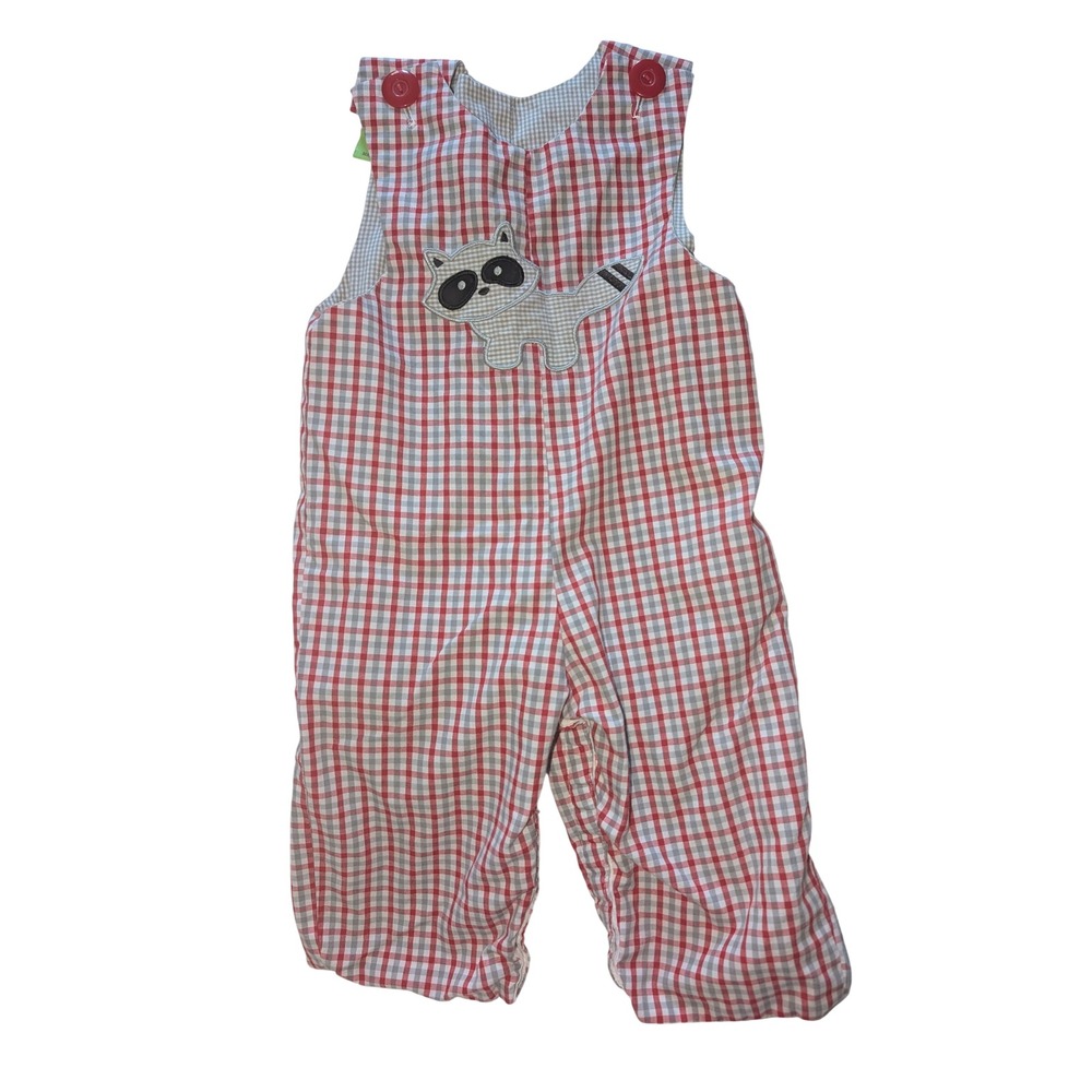 Le'‎ Za Me Baby Boys Red Gingham Raccoon Applique Longall Romper Smocked 12M